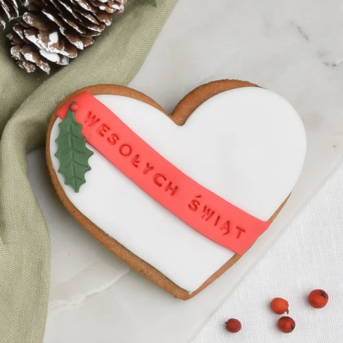 KUKI-W1304 Ciastko lukrowane Serce ze wstęgą i ostrokrzewem.webp