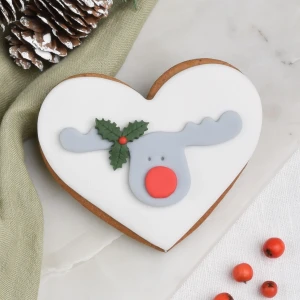 Ciastko lukrowane Serce z głową renifera  Białe